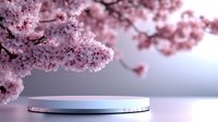 Elegant product display podium with blooming cherry blossom branches creating romantic spring atmosphere for cosmetics and luxury goods presentation.