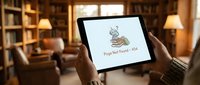 Hands holding tablet displaying website with 404 error message in cozy library setting with bookshelves and warm lighting for web design and digital communication concepts.