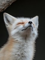 Young red fox kit looking upward with closed eyes in peaceful expression against natural cave background for wildlife and nature content.