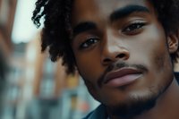 Close up portrait of young African American man with natural curly hair and gentle smile looking at camera against blurred urban background.