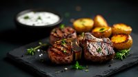 Grilled beef medallions with roasted potatoes and herb sauce served on black stone plate. Dark moody food photography with selective lighting.