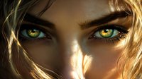 Dramatic close-up of luminous green eyes with golden sunlight streaming across face, creating ethereal glow and shadow play. Artistic portrait highlights intense gaze.