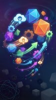 Neon glowing geometric shapes, light bulbs, and gears arranged in circular flow on dark background. Represents innovation, technology, digital transformation, and creative problem-solving for business and design projects.