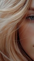 Close-up portrait fragment showing bright blue eye and platinum blonde hair strands flowing naturally across face, creating soft, intimate beauty composition.