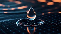 Transparent water droplet hovering over digital grid surface with ripple effect, illuminated by warm light against dark blue tech background.