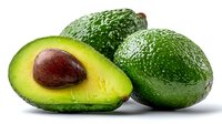 Fresh ripe avocados with one cut in half showing creamy flesh and brown pit on white background, perfect for healthy eating concepts.