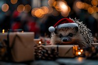Adorable hedgehog wearing Santa hat surrounded by Christmas gifts and warm bokeh lights creating festive holiday atmosphere for greeting cards and decorations.