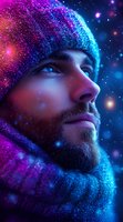 Profile view of bearded man gazing upward at starry night sky, illuminated by vibrant neon pink and blue lights creating magical winter atmosphere.