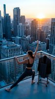 Woman in athletic wear performing yoga stretch on high-rise balcony overlooking urban skyline at sunset, fitness and wellness lifestyle concept for exercise and meditation.
