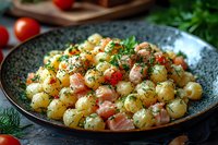 Homemade gnocchi pasta with smoked salmon pieces and fresh dill in creamy sauce served on dark plate, close up view of traditional Italian cuisine.