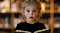 Young Caucasian girl with surprised expression and wide eyes reading open book in library setting, wearing black sweater, with blurred bookshelves background.