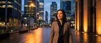 Professional Asian businesswoman in suit standing confidently on urban terrace at dusk with illuminated city skyline background for corporate success concepts.