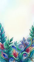 Watercolor floral border with colorful swirling leaves and botanical ornaments on a light background, great for cards and posters.