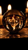 Crystal ball reflecting candle flames on wooden surface with warm candlelight creating mystical atmosphere for fortune telling and spiritual practices.