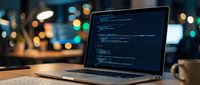 Laptop displaying programming code on screen in modern workspace with blurred city lights background. Software development and coding concept for tech projects.