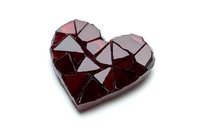 Geometric heart shape in deep red and silver mosaic style on white background, broken glass effect creates modern abstract Valentine symbol for design projects.