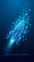 Futuristic rocket launch with geometric particles on blue background symbolizing startup innovation growth and business success in technology sector.