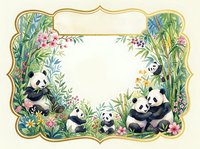 Watercolor panda family frame with bamboo forest and tropical flowers, blank space for text, isolated on transparent background for design projects.