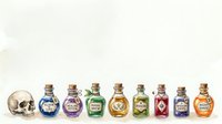 Isolated skull and eight decorative potion bottles with colorful labels and cork stoppers on white background, ready for game design, fantasy artwork, and Halloween projects.