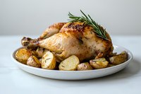 Roasted whole chicken with crispy golden skin served on white plate with herb-seasoned potatoes and fresh rosemary sprig, photographed against light background.