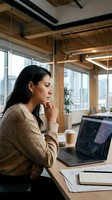 Thoughtful female developer with long dark hair and South Asian ethnicity sits at wooden desk in modern office, hand to chin while reviewing code on laptop screen, coffee cup nearby.