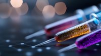 Medical syringes with colorful glowing liquids in amber and purple against dark background with bokeh lights, close-up macro shot for healthcare concept.