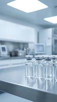 Medical vials in sterile laboratory environment for pharmaceutical research and drug development in modern healthcare facility.