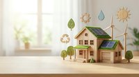 Wooden house model with solar panels, wind turbine, and eco symbols representing green energy, sustainability, and environmentally friendly living concepts.