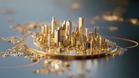 Futuristic golden cityscape on circular island with modern skyscrapers and reflective water surface against dramatic sky. Luxury real estate concept.