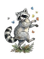 Playful raccoon standing on hind legs surrounded by colorful butterflies and foliage, isolated on white background for design use.