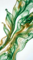 Fluid art with organic leaf shapes in emerald, gold, and cream tones on white background. Isolated design element suitable for backgrounds, textiles, and digital projects.