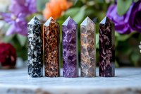 Five healing crystal points in different minerals including amethyst, obsidian, and quartz arranged in row on wooden surface with floral background.