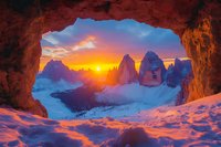 Dramatic winter sunrise over mountain peaks viewed through natural rock arch, with vibrant orange sky and fresh snow in Dolomites during golden hour.