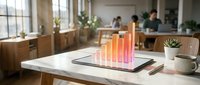 Tablet displaying colorful bar chart with rising orange and pink gradient on modern office desk, colleagues working in blurred background, potted plants and wooden furniture visible.