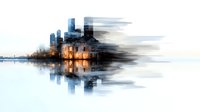 Modern cityscape with skyscrapers reflected in water, artistic motion blur effect creates dreamy atmosphere. Waterfront urban landscape in blue and white tones shows city transition.