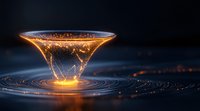 Glowing funnel shape with light particles creating ripple effect on dark surface, orange energy streams forming symmetrical patterns in abstract composition.