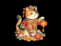 Cute orange tabby cat wearing traditional red and gold Chinese outfit holding lantern, surrounded by coins, flowers and festive decorations. Isolated on transparent background, ready for t-shirts, stickers, clipart and print-on-demand designs.