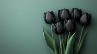 Black tulips with green stems and leaves arranged on muted teal background, suitable for floral design, spring themes, and botanical artwork projects.