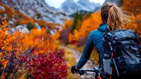 Female hiker with backpack enjoying autumn mountain landscape with vibrant orange and red foliage during fall season in wilderness area.