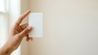 Hand holding blank white card against neutral beige wall with natural window light, suitable for branding, business card mockups, and marketing presentations.
