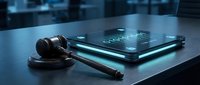 Wooden gavel and tablet computer on modern desk in law office, representing digital justice and legal technology integration in contemporary practice.