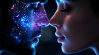 Digital art of human profiles with cosmic galaxy particles flowing between faces representing connection, communication and spiritual energy transfer.