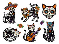 Day of the Dead cat characters with skeleton designs, sombrero, and guitar, isolated on white background for clipart, t-shirt design, and merchandise applications.