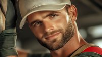 Confident bearded Caucasian male athlete in white cap and red sportswear smiling at camera. Close up portrait showing masculine features and friendly expression.