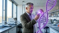 Middle-aged Caucasian male scientist in suit examining holographic DNA double helix structure in modern laboratory with advanced equipment and technology.