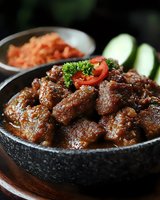 Spicy braised pork belly in dark stone bowl garnished with fresh tomatoes, parsley and cucumber slices, served with kimchi side dish on dark background.