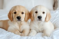 Two adorable Golden Retriever puppies lying together on white bedding, displaying sweet expressions and soft cream-colored fur, perfect for pet-themed designs.