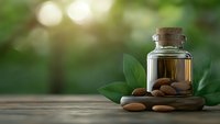 Natural essential oil in glass bottle with cork stopper and almonds on wooden surface with green leaves and soft bokeh background for aromatherapy wellness.