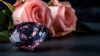 Pink diamond crystal near delicate rose blooms on dark background, luxury jewelry and floral composition with dramatic lighting and soft reflections.