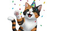 Playful calico cat wearing colorful party hat, paw raised in celebration with confetti falling around it. Isolated on white background, perfect for greeting cards, invitations, and festive designs.